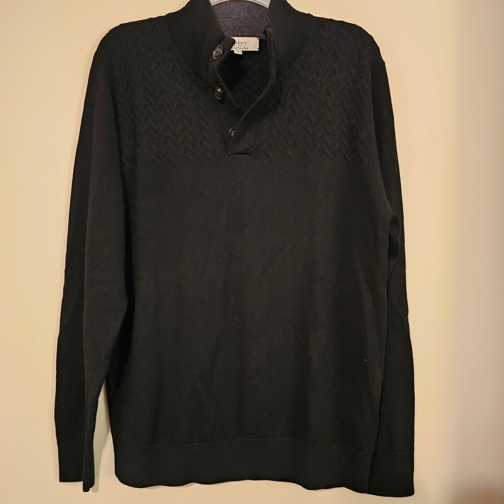 Turnbury Mens Black 100% Extra Fine Merino Wool Quarter Button Sweater Size M
